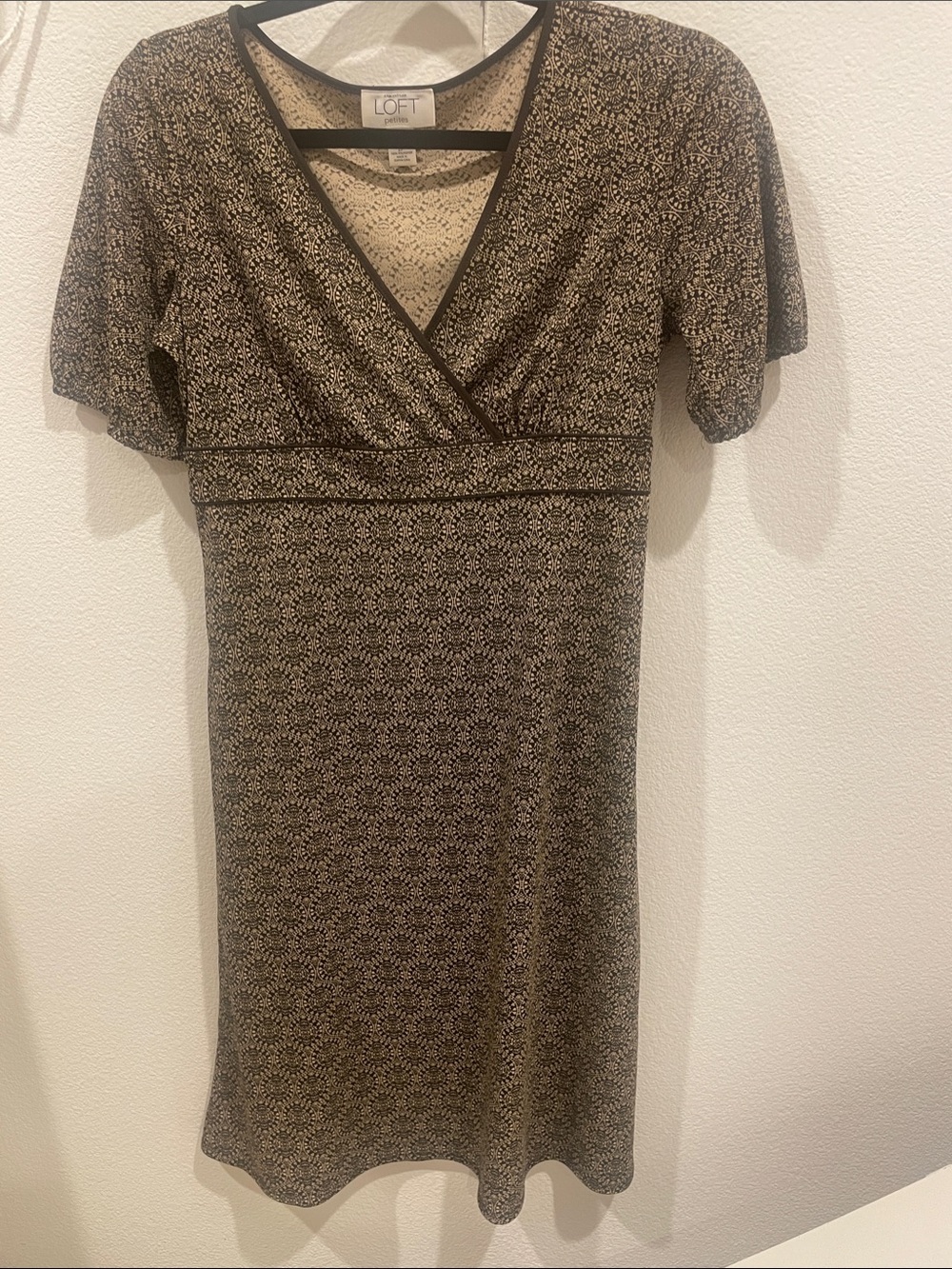 LOFT Black and Cream Patterned Surplice Midi Dress